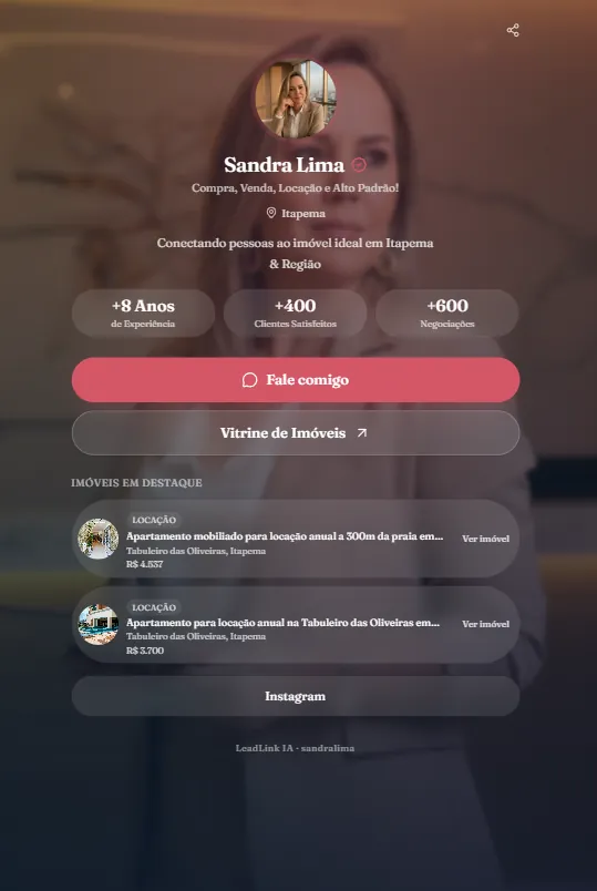 Bio inteligente do LeadLink com perfil da corretora, botões e imóveis em destaque