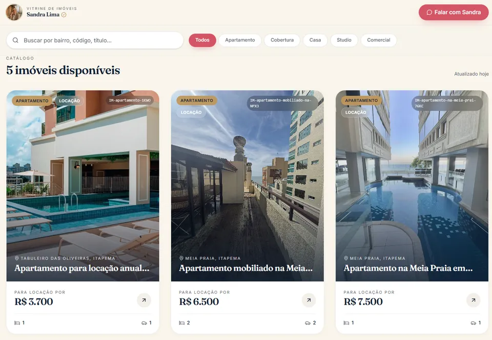 Vitrine de imóveis completa do LeadLink com cards de imóveis